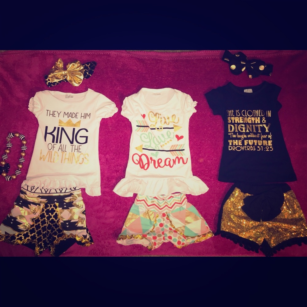 Custom made short sets with matching bow/jewelry.